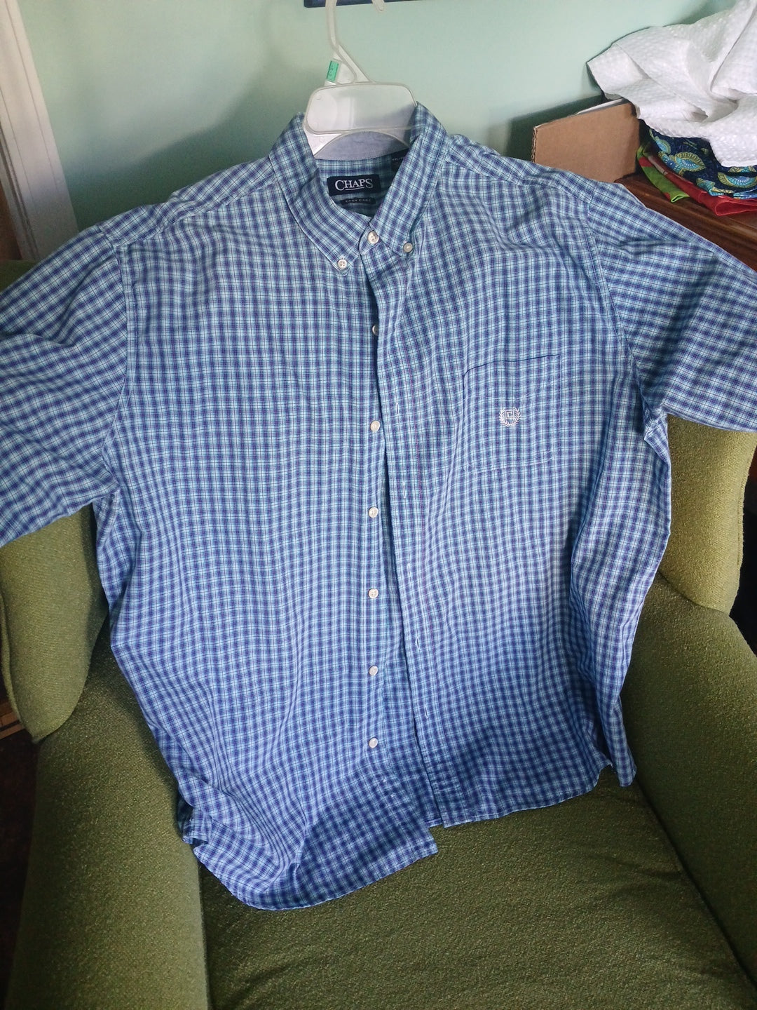 MENS Chaps 2xl  shirt blue check, short sleeve  button down