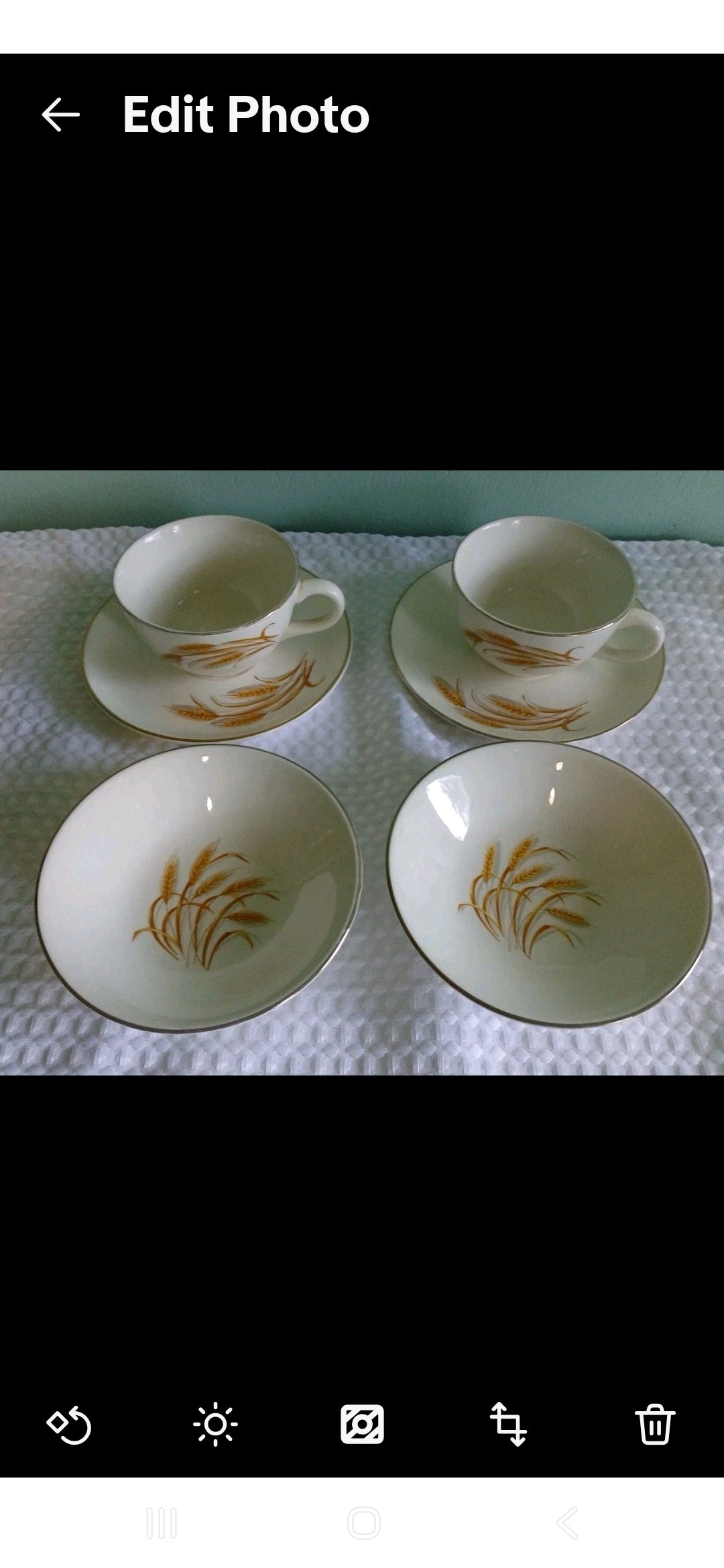 Vtg.Homer Laughlin Golden Wheat 22k Gold Tea Cups & Saucers & Bowls Serving 2