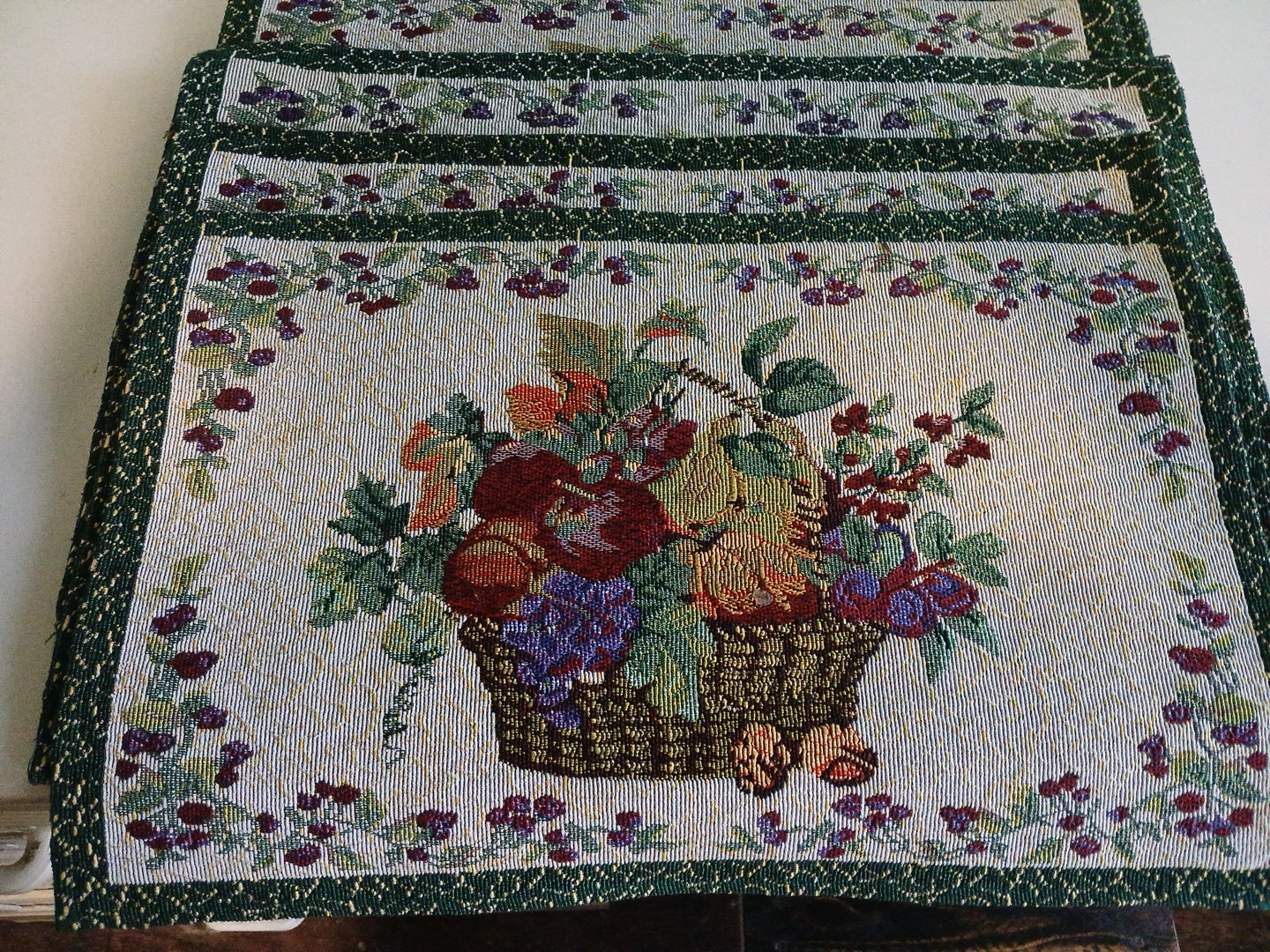 8 piece country placemat set . Fruit and flowers tapestry