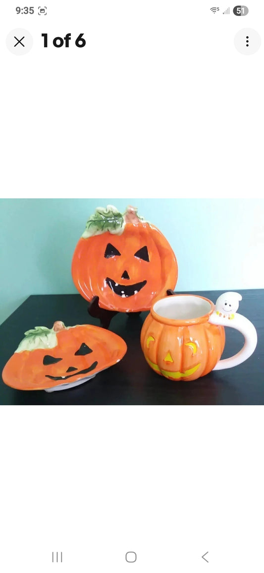 Halloween Dish Set With Pumpkin Coffee Mug - Lot of 3