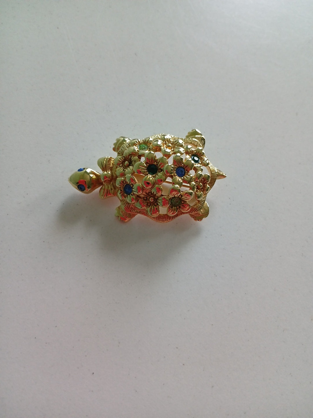 Gold Plated Turtle Pin/ Brooch With  Blue & Green Stones