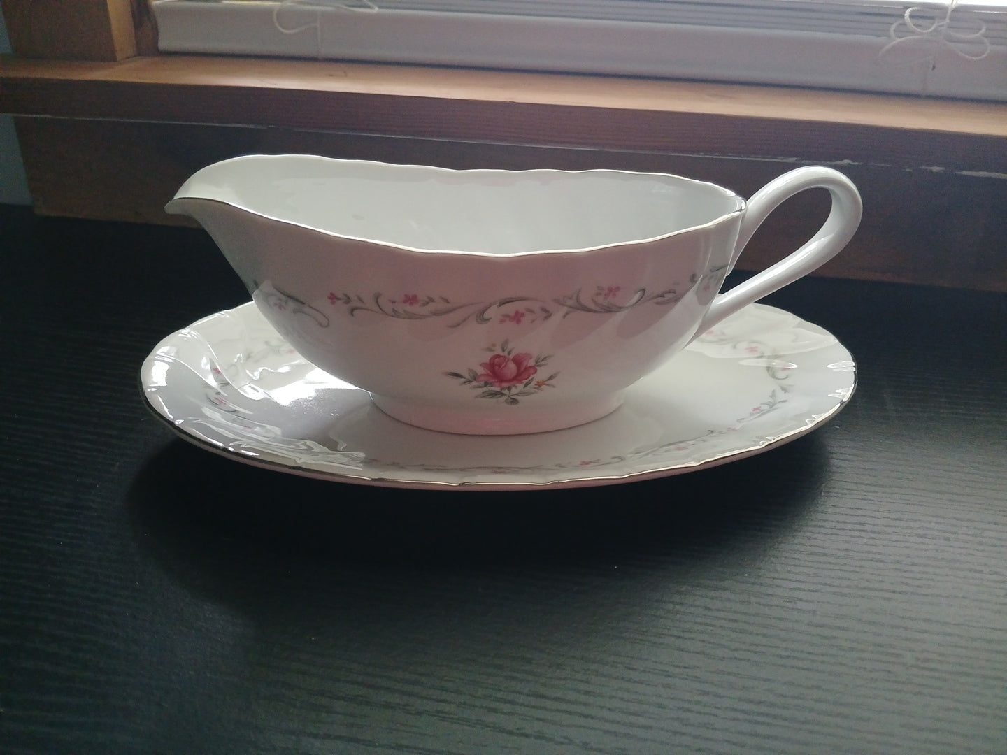 Royal Swirl fine china gravy boat with under plate ,silver trim and pink rose MS