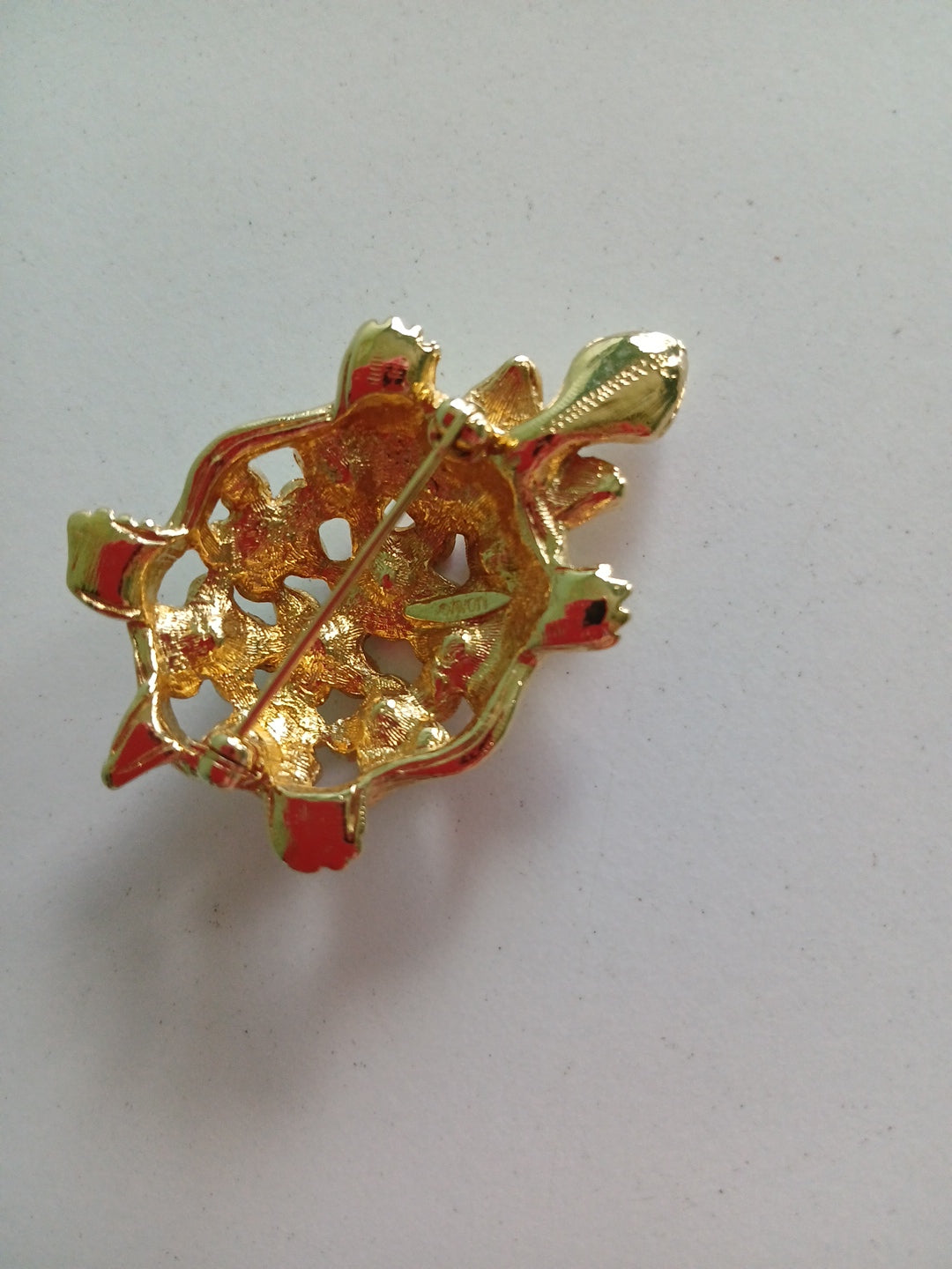Gold Plated Turtle Pin/ Brooch With  Blue & Green Stones
