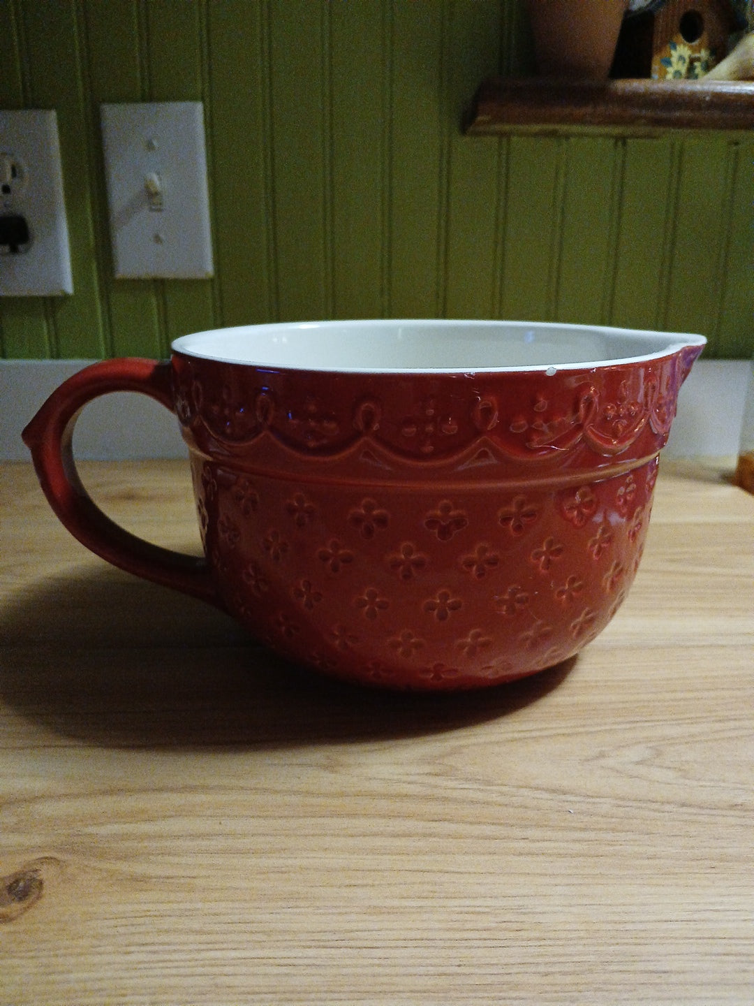 Red Ceramic Mixing Bowl with Handle-scalloped pattern design