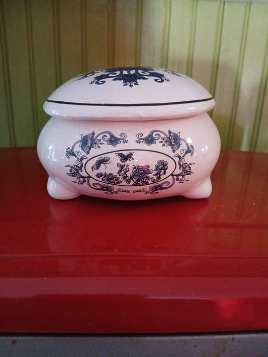 Ceramic White Jewelry Box With Blue Floral & Butterfly Design