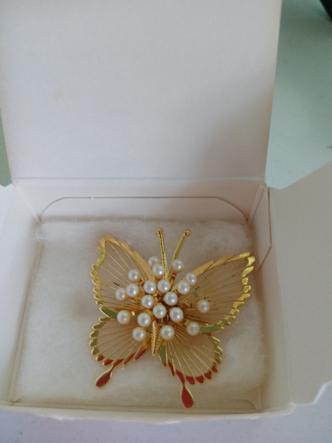 Handmade Golden Wired Butterfly Brooche ,& White Beads From Avon