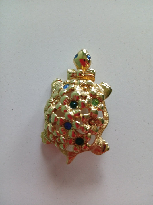 Gold Plated Turtle Pin/ Brooch With  Blue & Green Stones