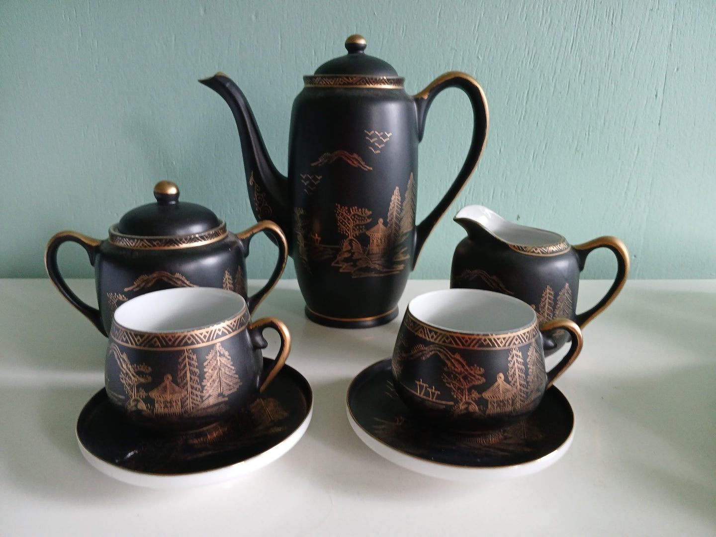 Complete Japanese Tea set By Sadek 6 piece(Andrea) Black & Gold Hand  painted