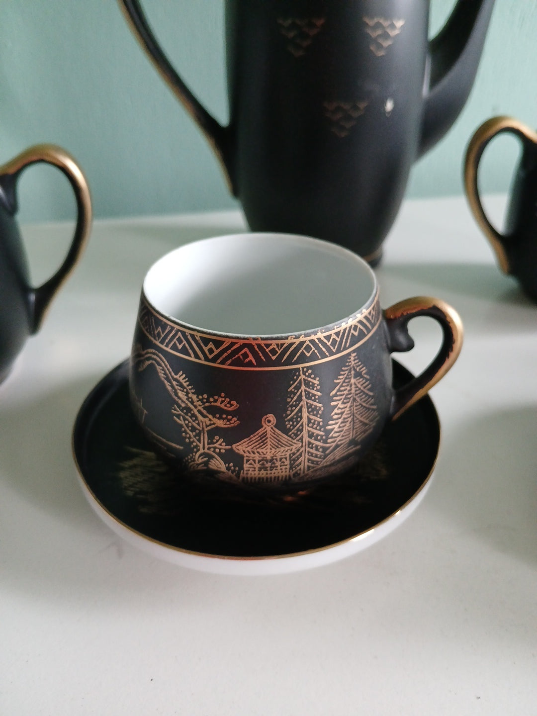 Complete Japanese Tea set By Sadek 6 piece(Andrea) Black & Gold Hand  painted