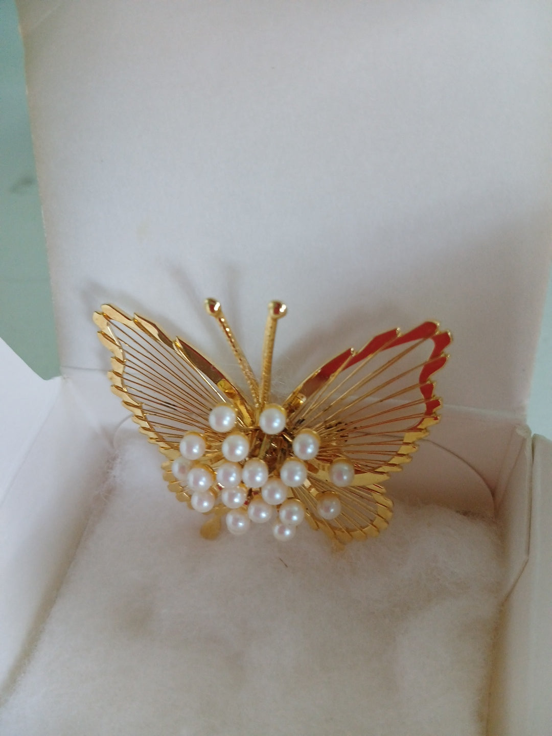 Handmade Golden Wired Butterfly Brooche ,& White Beads From Avon