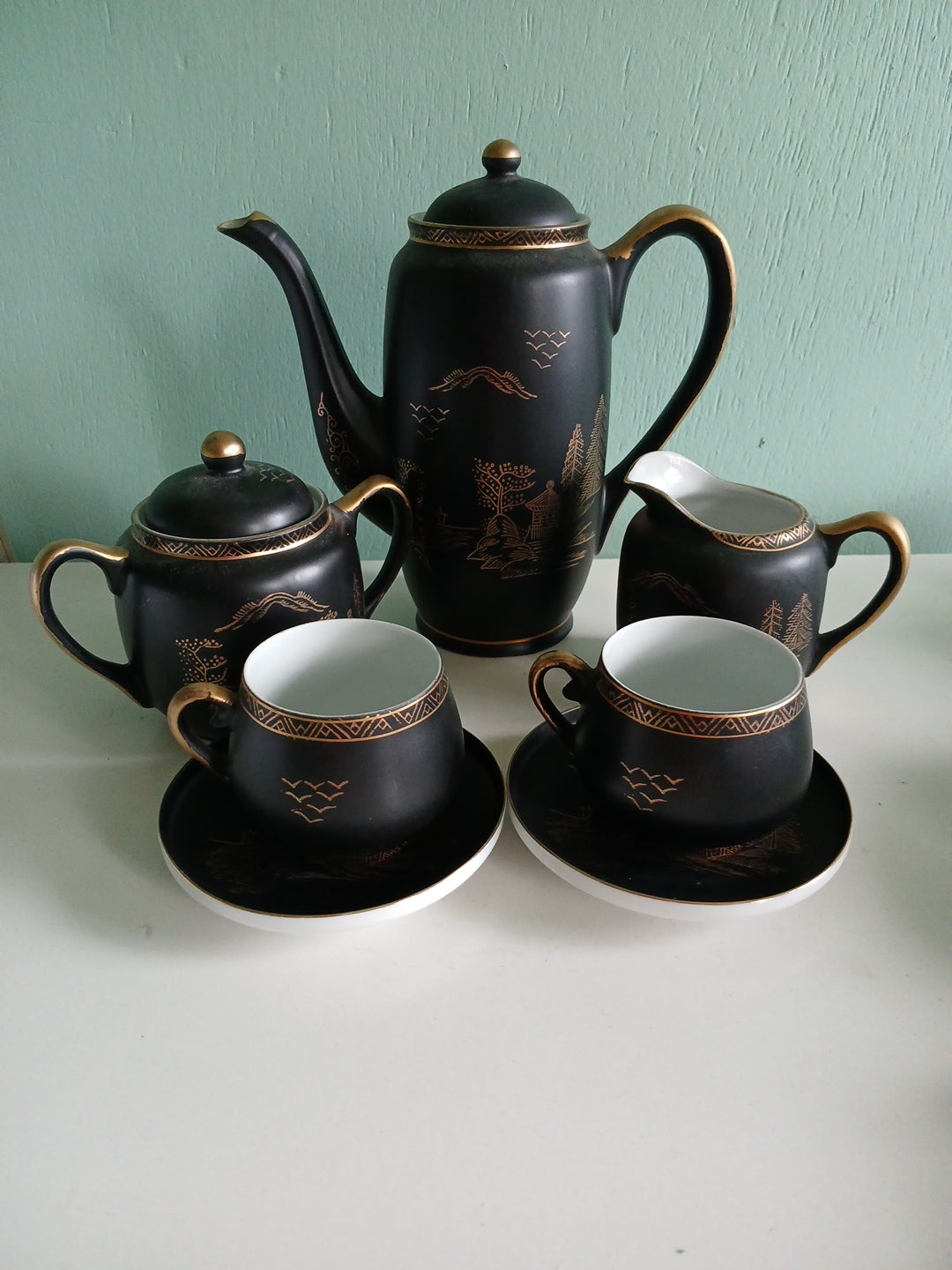 Complete Japanese Tea set By Sadek 6 piece(Andrea) Black & Gold Hand  painted