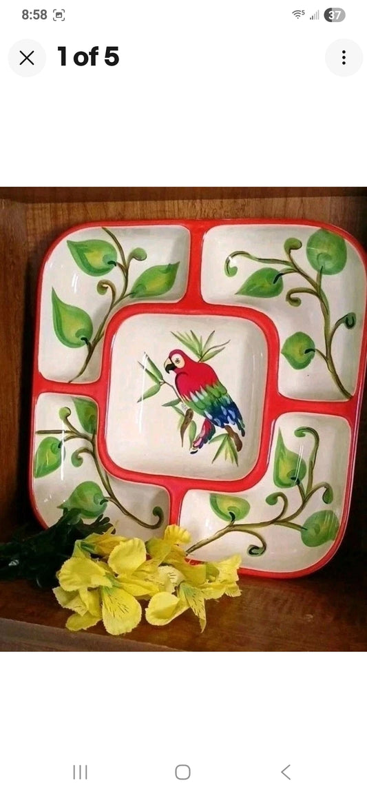Vntg Sectional Platter Vibrant Hand Painted (Parrot In Paradise Lost)
