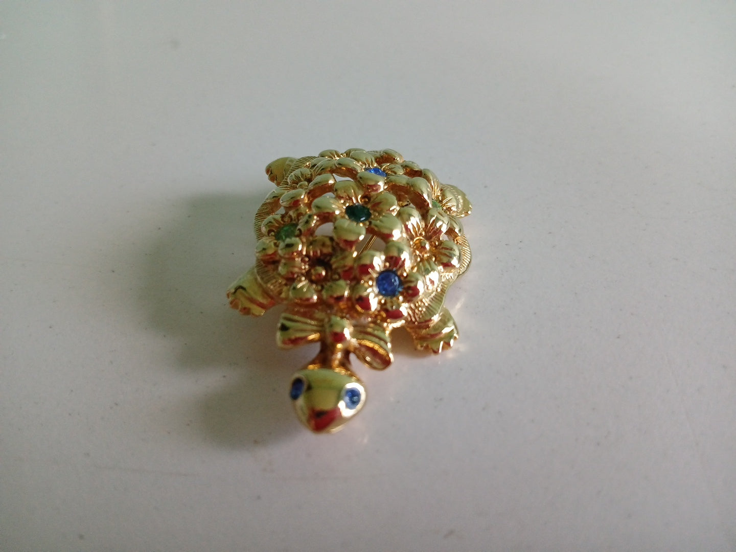 Gold Plated Turtle Pin/ Brooch With  Blue & Green Stones