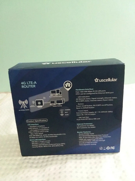 Back view of a US Cellular 4G LTE-A router packaging on a light green background