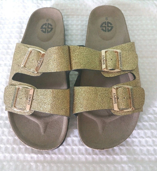 Simply Southern Double Buckle Cork Sandals Sz 9 Gold Open Toe