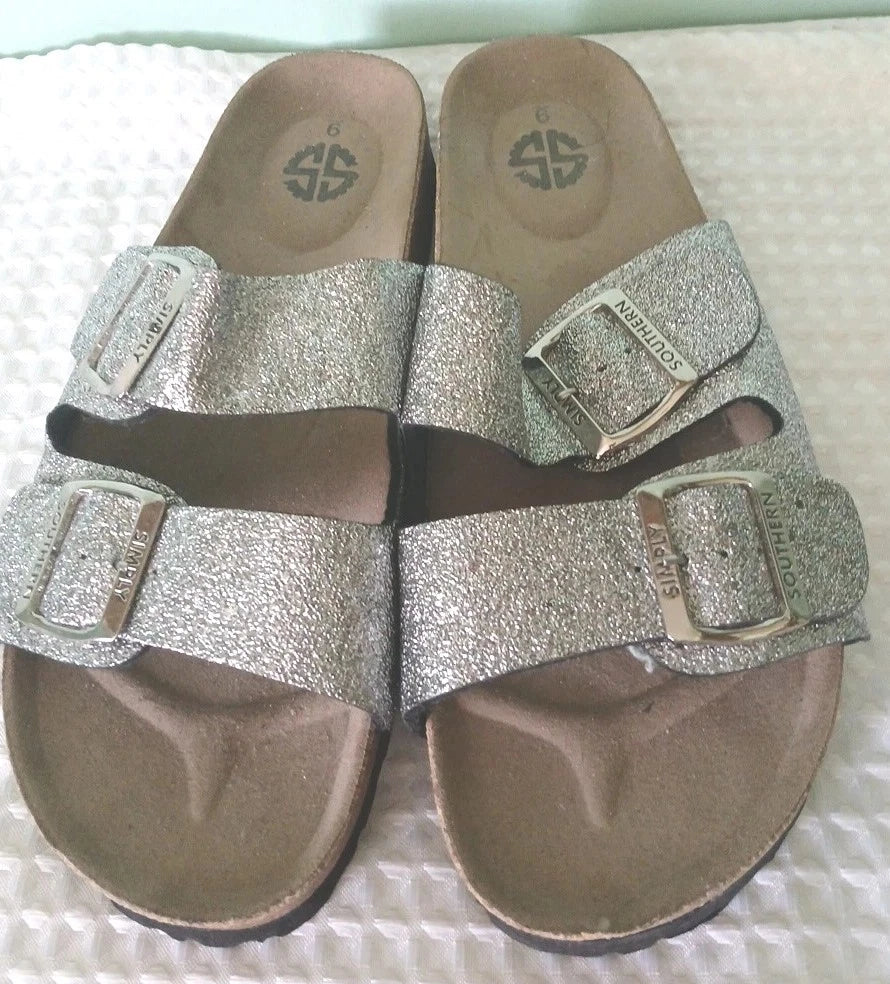 Simply Southern Double Buckle Cork Sandals Sz 9 Silver Open Toe
