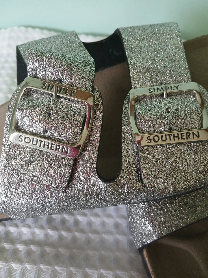 Simply Southern Double Buckle Cork Sandals Sz 9 Silver Open Toe