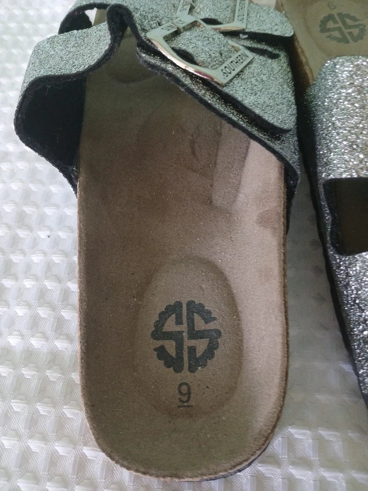 Simply Southern Double Buckle Cork Sandals Sz 9 Silver Open Toe