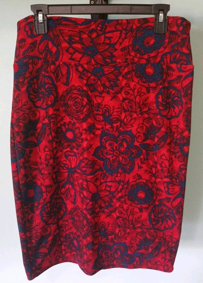 Lularoe Fitted Mini Pencil Cassie skirt Sz L Red Floral stretch Waist Band