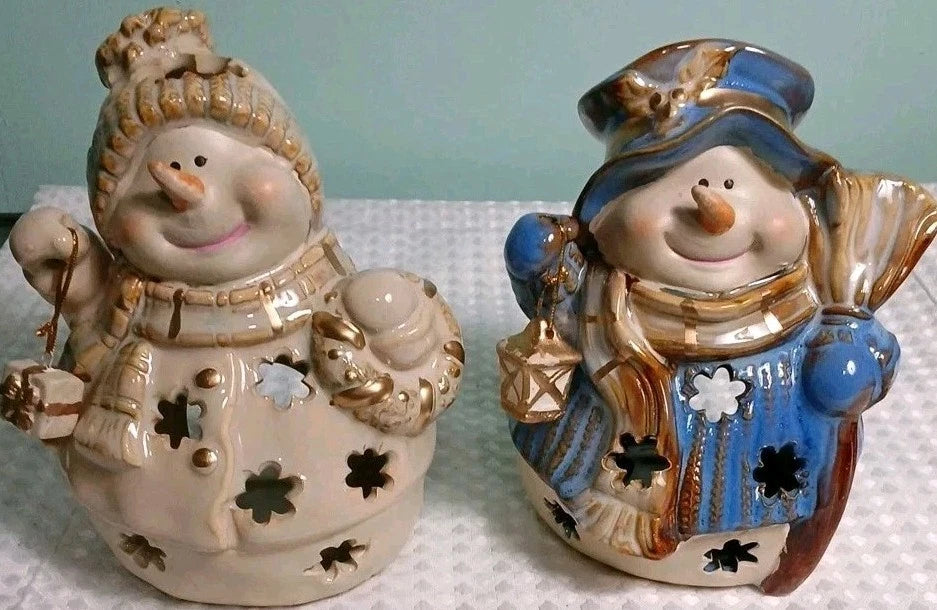 Snowman Family candle holders Gold Trim ,wearing Hats And Scarfs