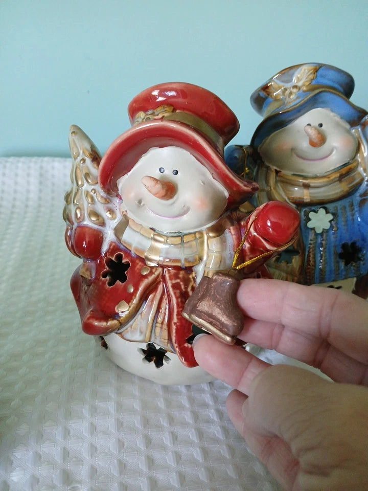 Snowman Family candle holders Gold Trim ,wearing Hats And Scarfs