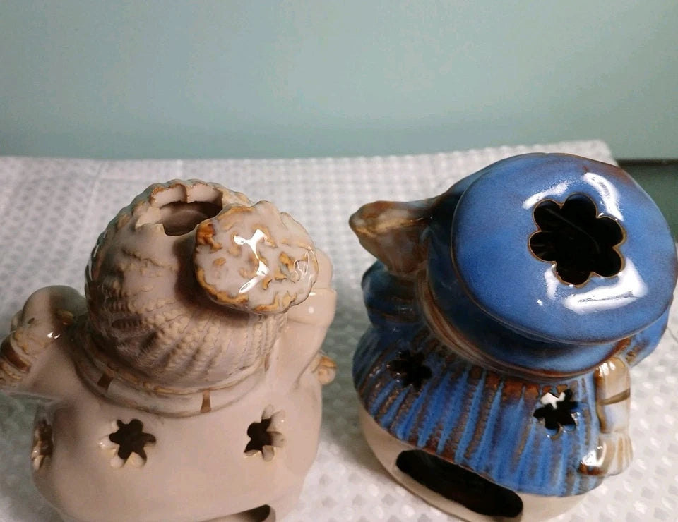 Snowman Family candle holders Gold Trim ,wearing Hats And Scarfs