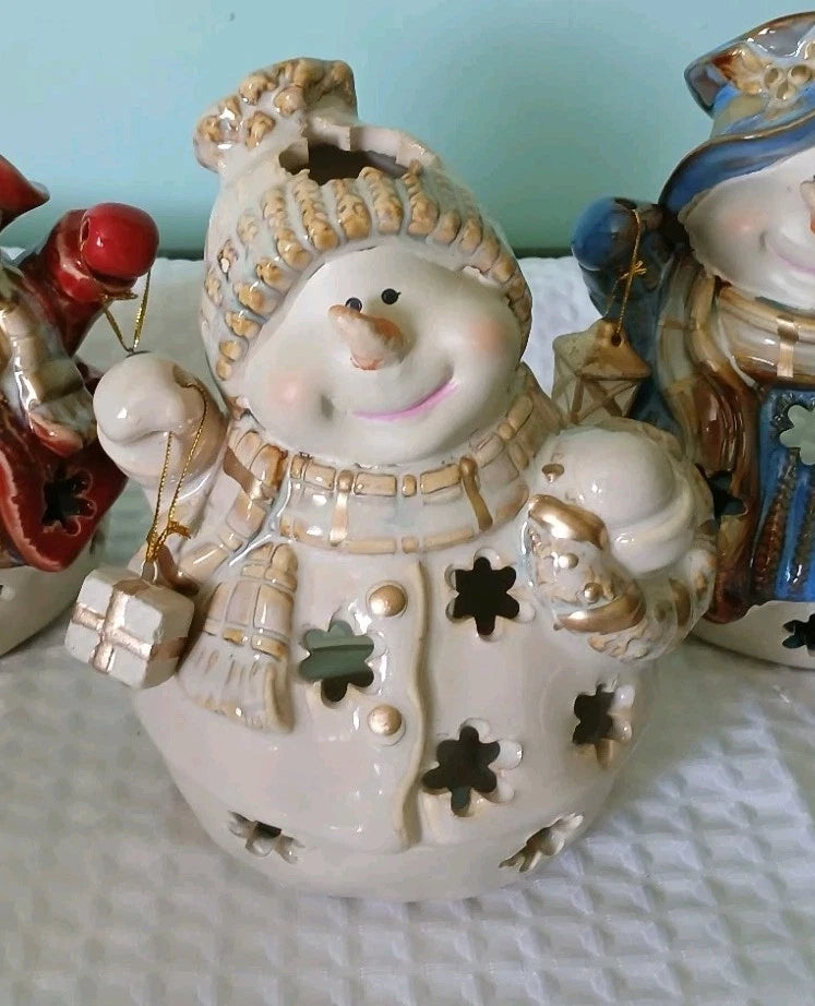 Snowman Family candle holders Gold Trim ,wearing Hats And Scarfs