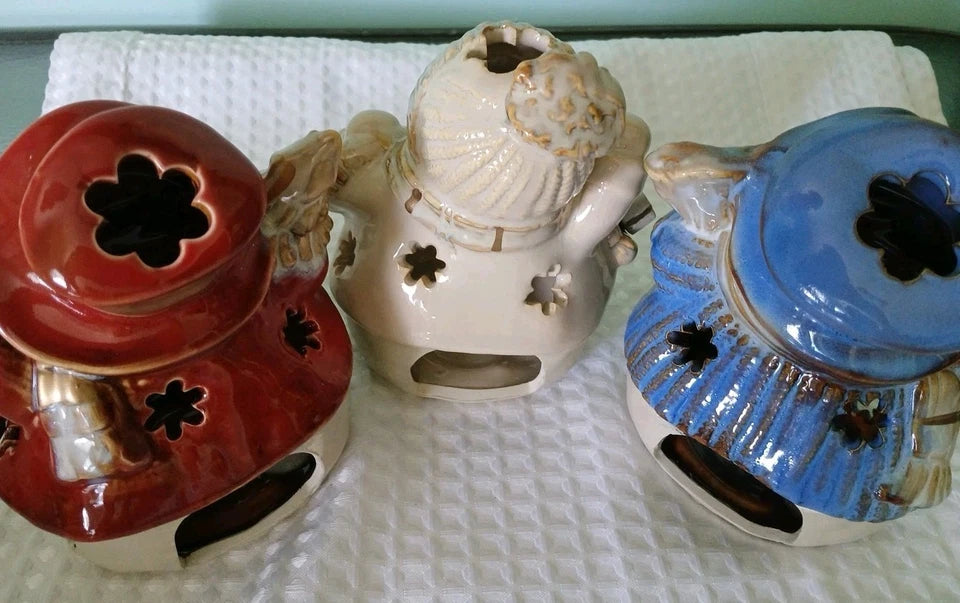 Snowman Family candle holders Gold Trim ,wearing Hats And Scarfs