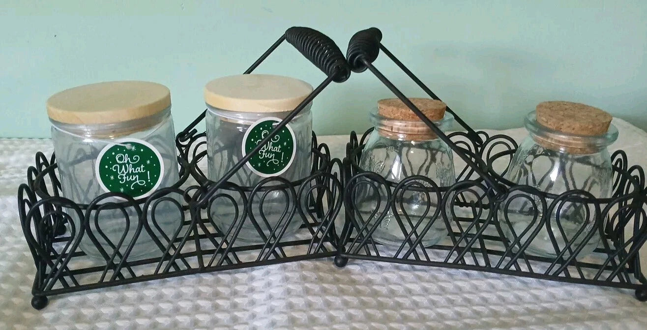 Vintage Glass Spice Jar Set in Metal Basket