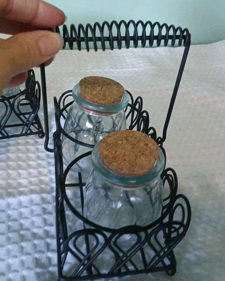 Vintage Glass Spice Jar Set in Metal Basket