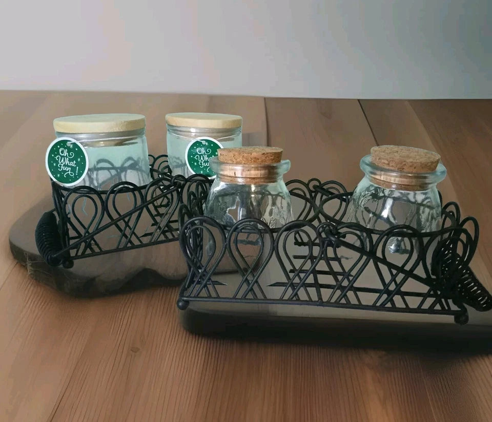 Vintage Glass Spice Jar Set in Metal Basket