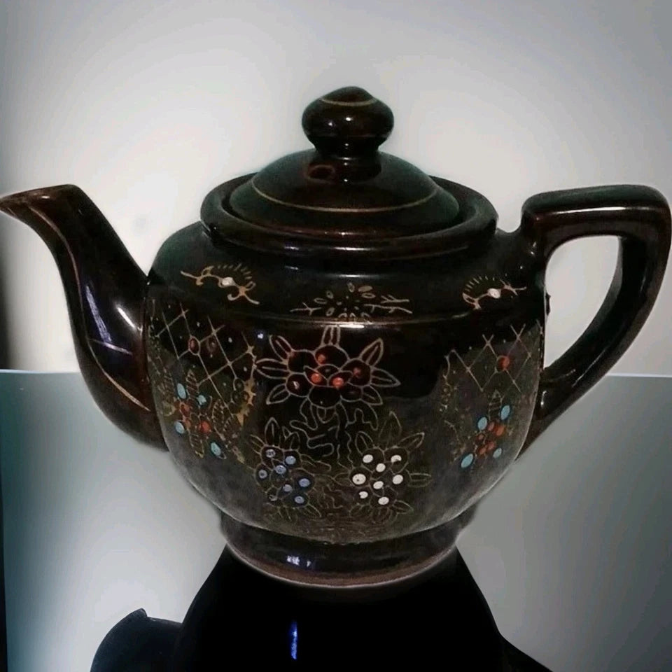Vntg Brown Oriental TerraCotta TeaPot