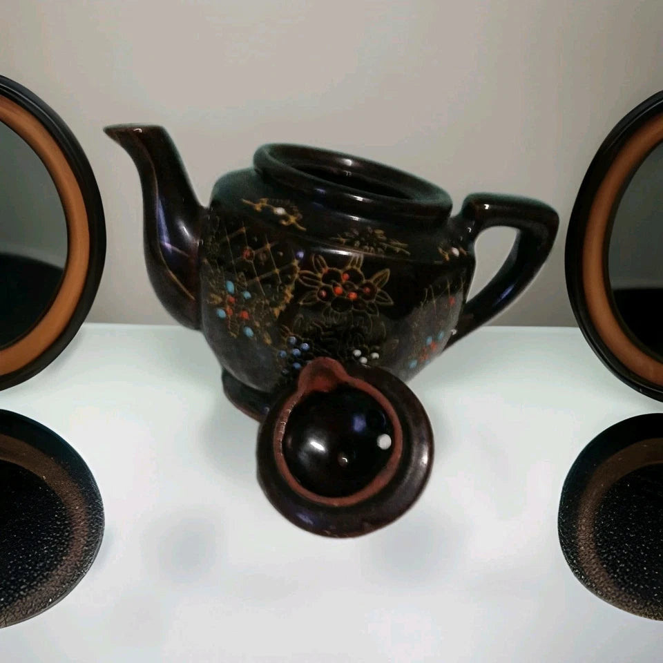 Vntg Brown Oriental TerraCotta TeaPot