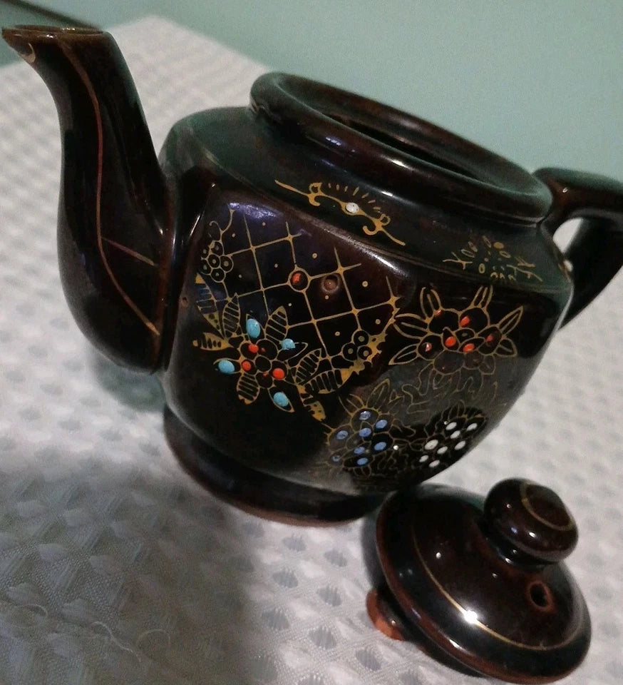Vntg Brown Oriental TerraCotta TeaPot