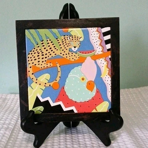 Vtg 1989 Porcelain TRIVET Wood Frame - Cheetah Design