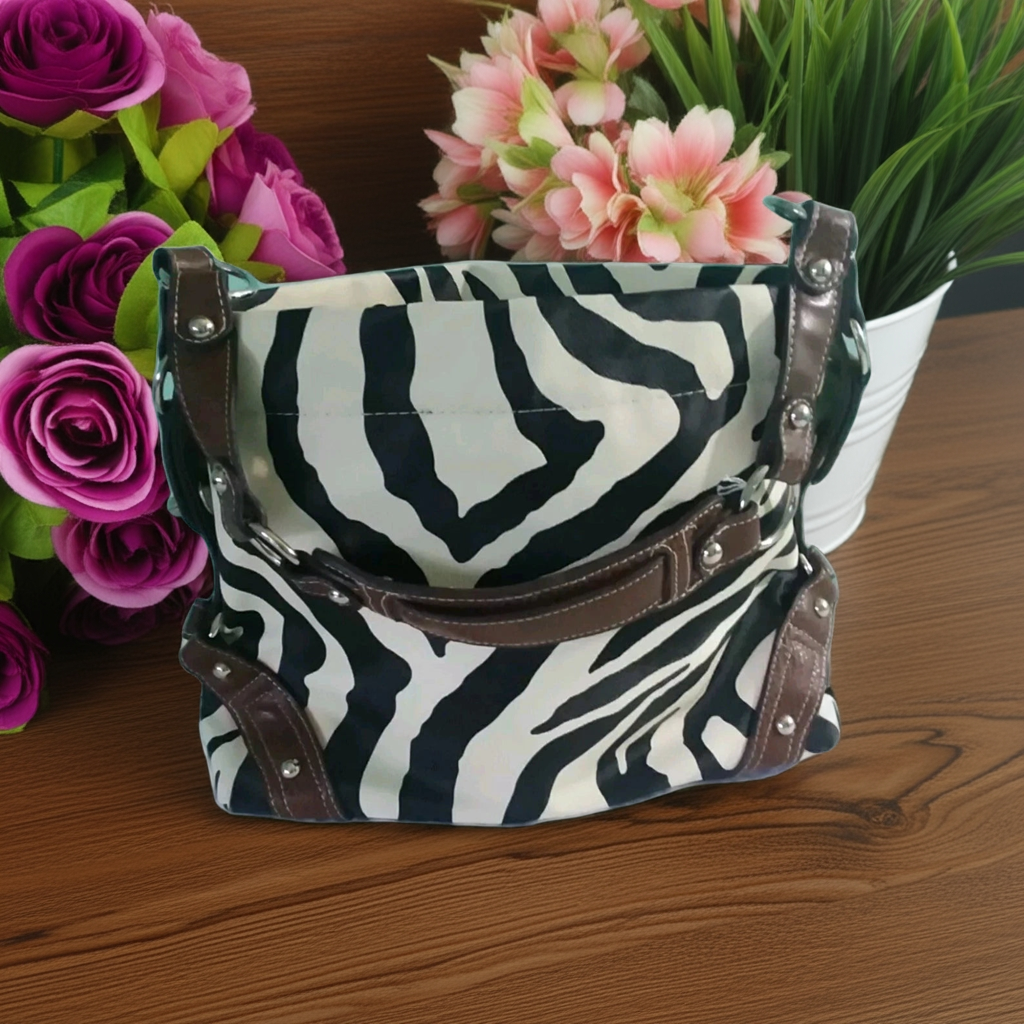 Black and White Striped Ladies Hand Bag with Brown Leather Strap